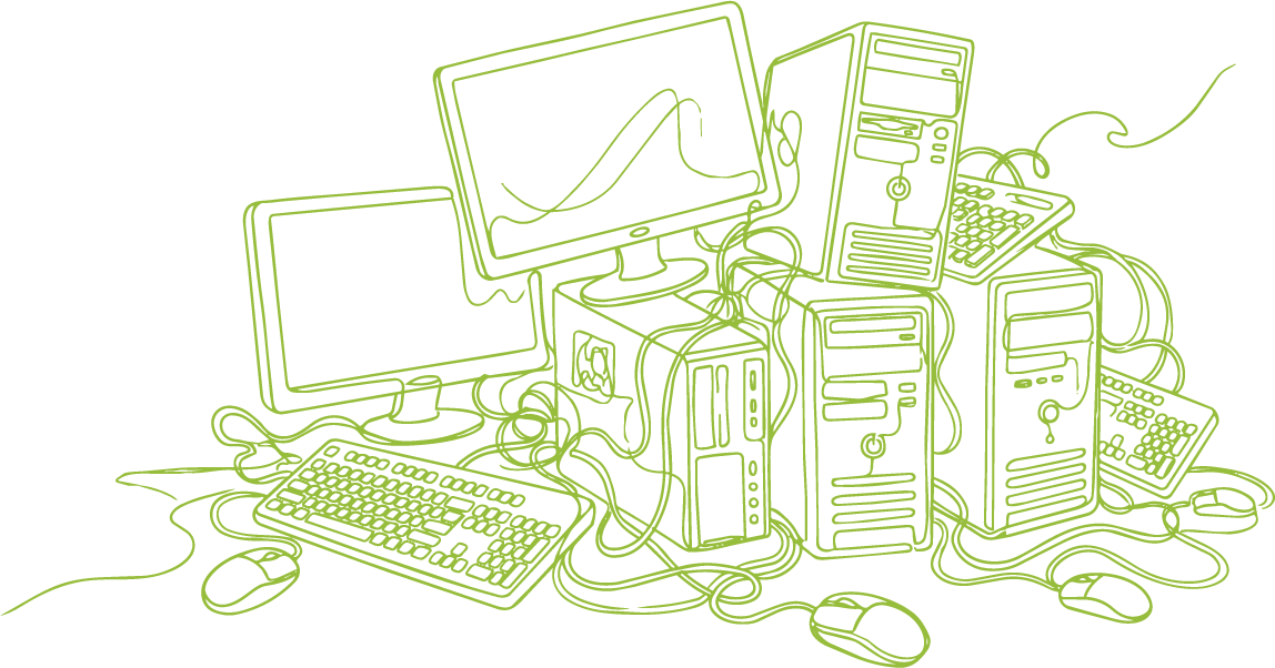 Line drawing of retired office computers, monitors, keyboards, and mice tangled in cables